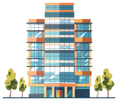 An illustrated modern office building with some accompanying trees is shown png