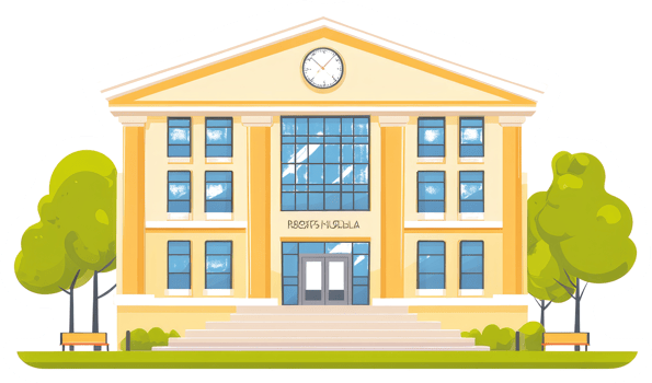 An illustrative image of a government building with trees and benches png