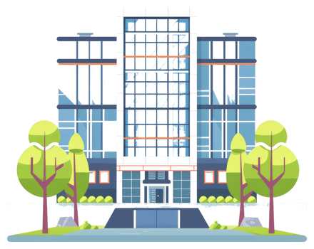 Modern architectural building illustration featuring green trees in the foreground png