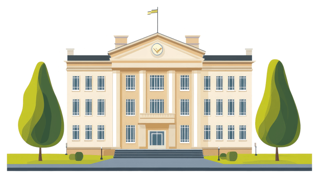 A large detailed building with trees and a simple flag on top png