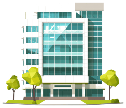 A modern office building features many large windows and green trees png