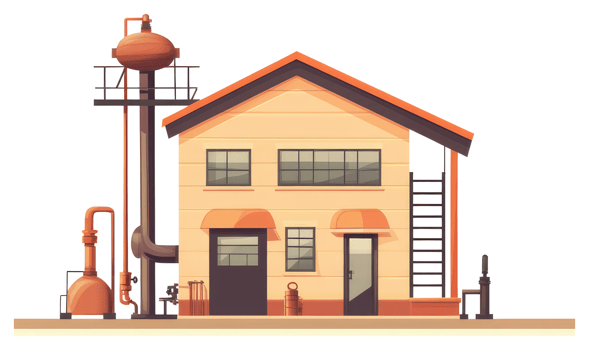 A two story building with industrial equipment attached to it png