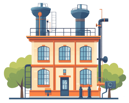 An illustrated building with pipes and two cylindrical structures png