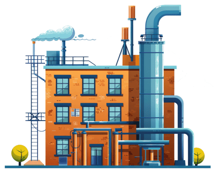An illustrated image of a factory building with smokestacks png