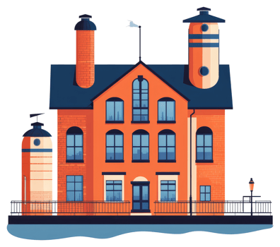 A stylized illustration of a brick building with multiple towers png