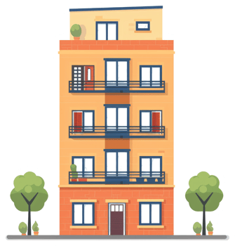 A colorful apartment building with balconies and small trees png