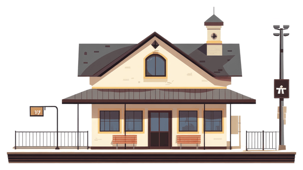 A stylized illustration of a train station on a platform png