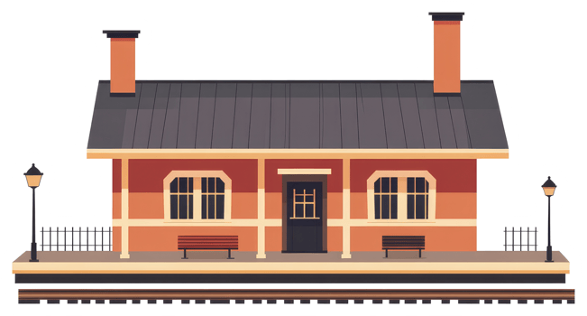A colorful illustration of a train station building at sunset png