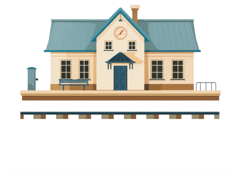 A detailed cartoon image of a railway station platform png