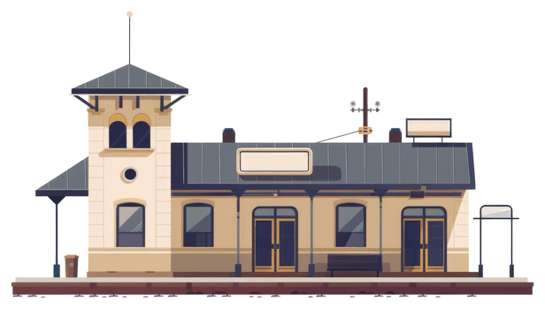 A detailed illustration of a railway station building structure png
