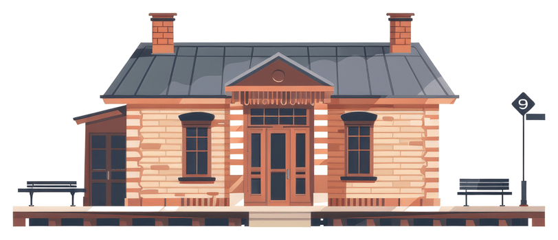 Illustration depicts a small brick building with a station platform png