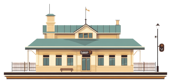 An illustration depicting a stylized train station building on display png