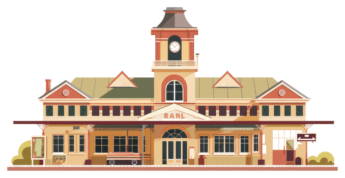 A detailed illustrated depiction of a classic transportation terminal station png