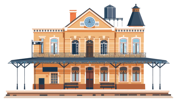 The illustrated facade of an old railway station building is shown here png