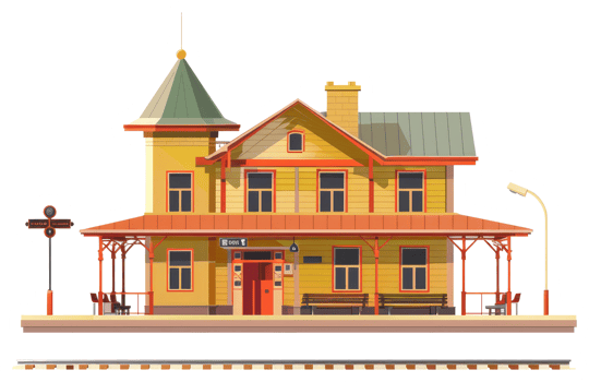 A stylized illustration depicts a charming vintage railway station building png