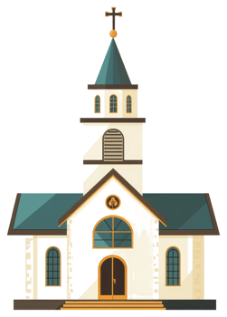 A cartoon illustration of a white church with a steeple png