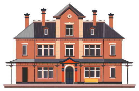 A detailed front view of a classic brick train station png