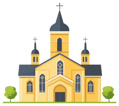 A stylized illustration depicts a yellow church with cross topped spires png
