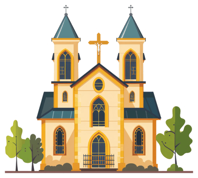 An illustration depicting a church with spires and a crucifix on top png