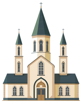 An illustration of a church building with a steeple and crosses png