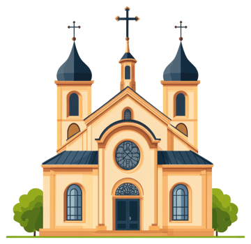 A yellow church building with crosses and dark blue roofs png