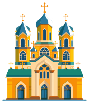 A brightly colored cartoon church building featuring multiple towers with crosses png