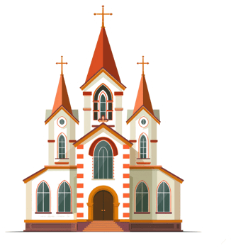 A colorful and vibrant church building with crosses on top png