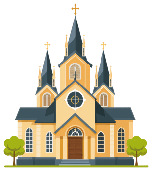 A detailed illustration of a church building with trees and a cross png