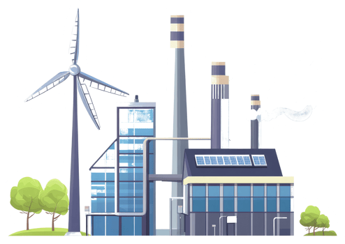 Illustration depicting a modern industrial facility with renewable energy sources png