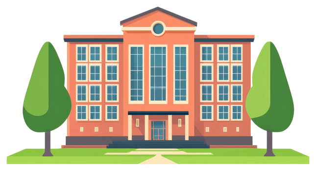 A colorful cartoon depiction of a large educational institution building png