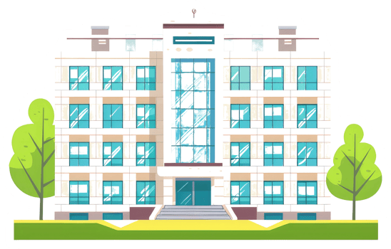 A Large White Building with Windows and Green Trees in Front png
