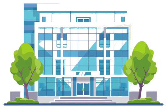 An illustration of a modern building with glass facade and trees png