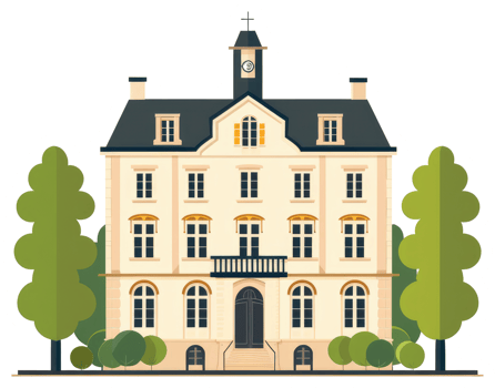 An illustration of a detailed building and surrounding greenery png