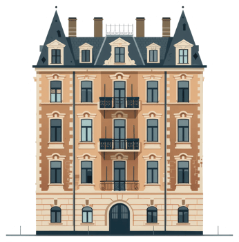 A detailed illustration depicts the facade of a large apartment building png