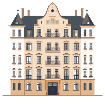 An elegant multistory building with many windows and balconies displayed png
