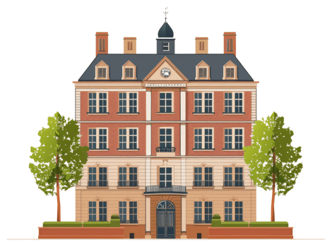 Architectural illustration depicting a grand stately building with trees flanking png