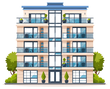 Modern residential apartment building with glass windows and balconies is depicted png