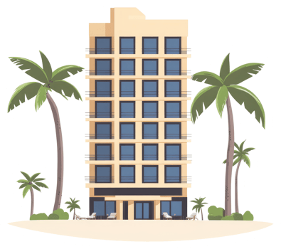 A tall cartoon hotel building with palm trees on a beach png