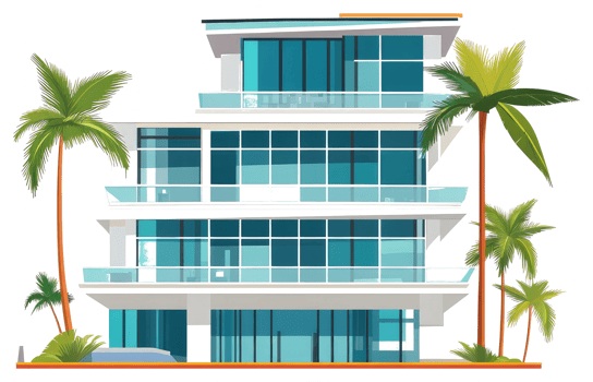 Modern luxury beachfront building with tall green palm trees png