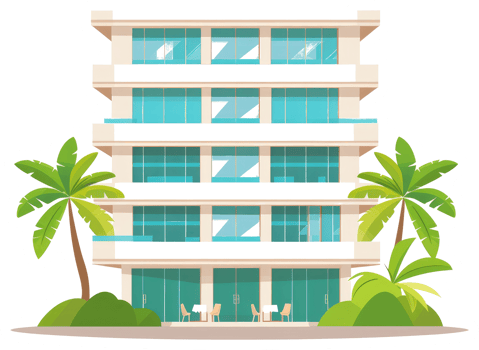 A tall modern building with balconies and palm trees png