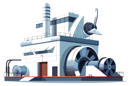 An illustrated industrial building with large turbine and smokestack png