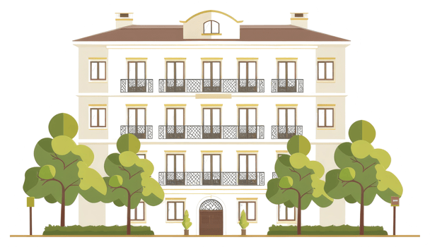 A flat illustration depicting a detailed apartment building exterior png