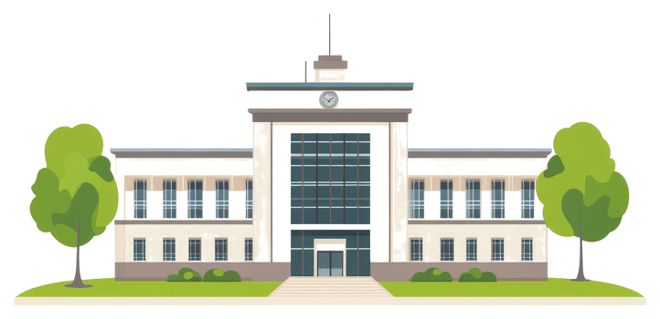 A large building with architectural features and green landscaping png