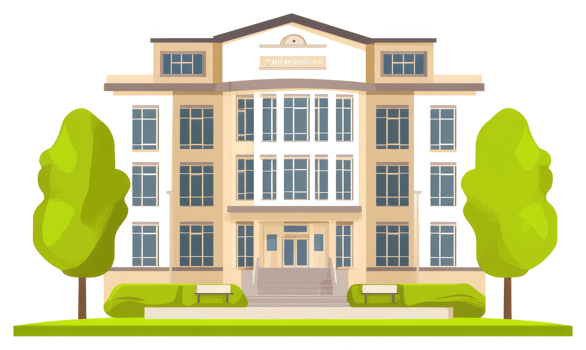 A cartoon illustration featuring a large building with trees and landscaping png