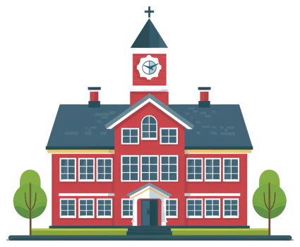 A cartoon illustration of a red brick building with trees png
