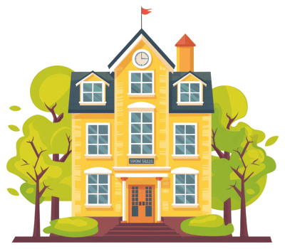 Illustration showing a bright yellow school building with trees and a clock png