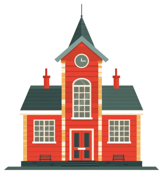 A stylized illustration showcasing a red schoolhouse with various features png