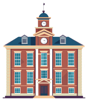 A classical illustration of a university building with a clock tower png