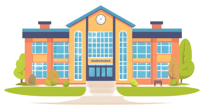 A colorful illustration of a school building on a sunny day png