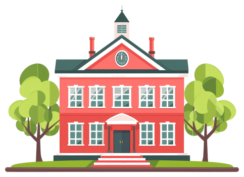 A cartoon illustration depicts a schoolhouse building with trees png